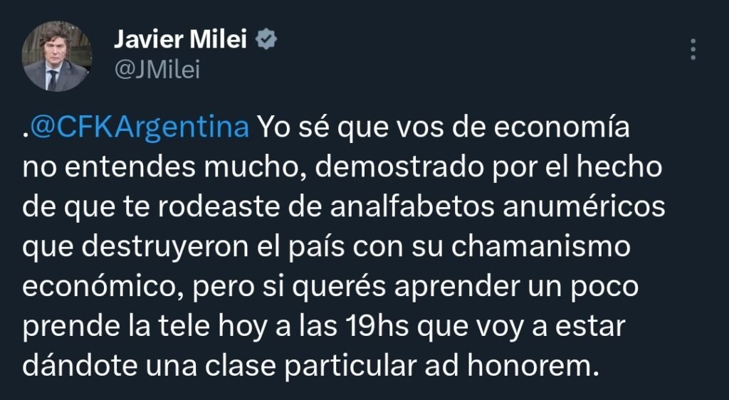 El picante cruce entre Cristina Kirchner y Javier Milei en redes ...